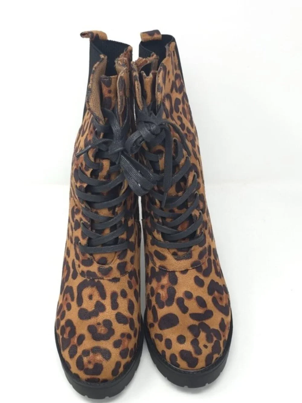 Leopard Print Chunky Heel Ankle Boots Faux Suede Lace Up Platform Zipper Trendy - Picture 12 of 12